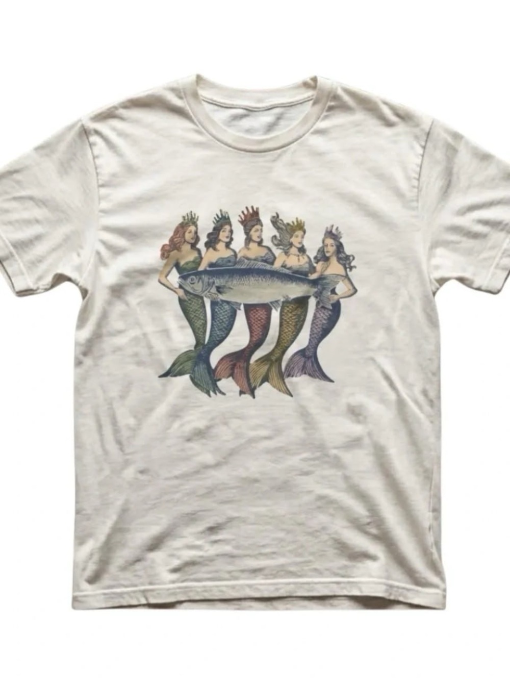 White Tee with Multi-Color Mermaid & Fish Graphic